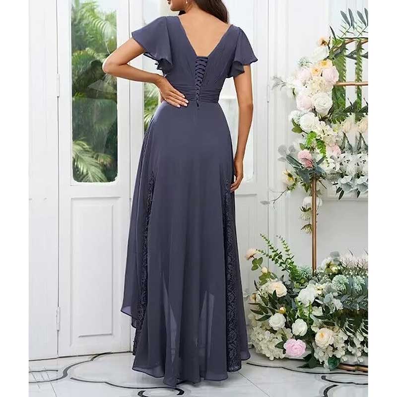 V-Neck Long Bridesmaid Dress Chiffon, Lace & Customizable Colors