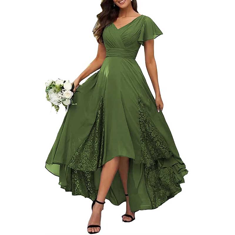 V-Neck Long Bridesmaid Dress Chiffon, Lace & Customizable Colors
