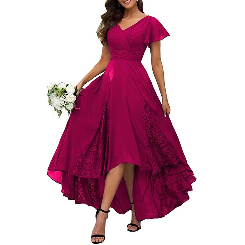 V-Neck Long Bridesmaid Dress Chiffon, Lace & Customizable Colors