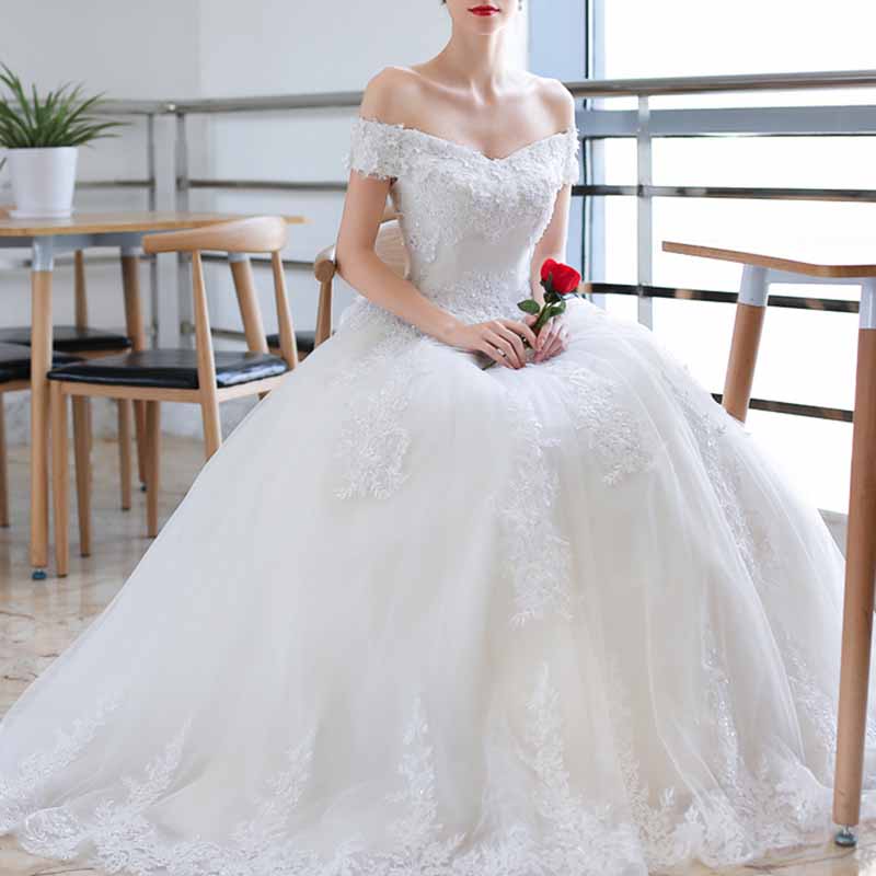 Vintage A line Tulle Off The Shoulder White Wedding Dresses for Bride