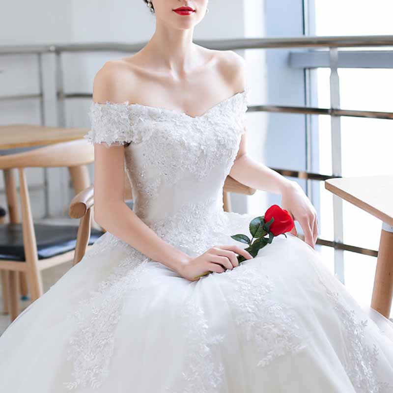 Vintage A line Tulle Off The Shoulder White Wedding Dresses for Bride