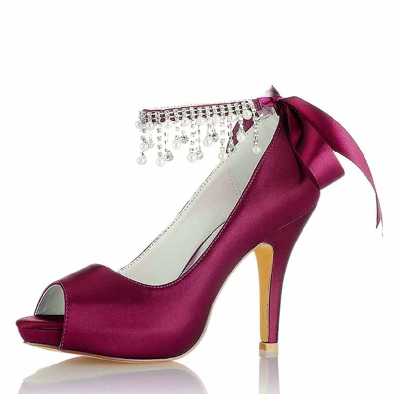 3.93" Satin Wedding Shoes Pearl Rhinestones Platform Dress Shoes