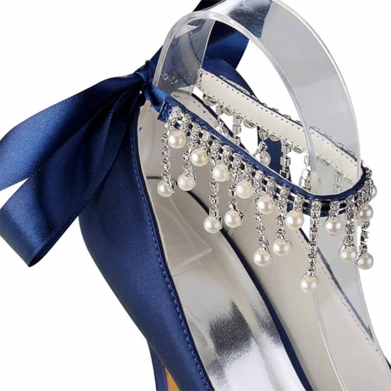 3.93" Satin Wedding Shoes Pearl Rhinestones Platform Dress Shoes