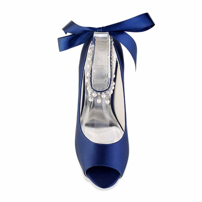 3.93" Satin Wedding Shoes Pearl Rhinestones Platform Dress Shoes