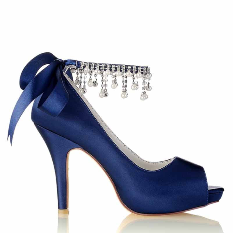 3.93" Satin Wedding Shoes Pearl Rhinestones Platform Dress Shoes