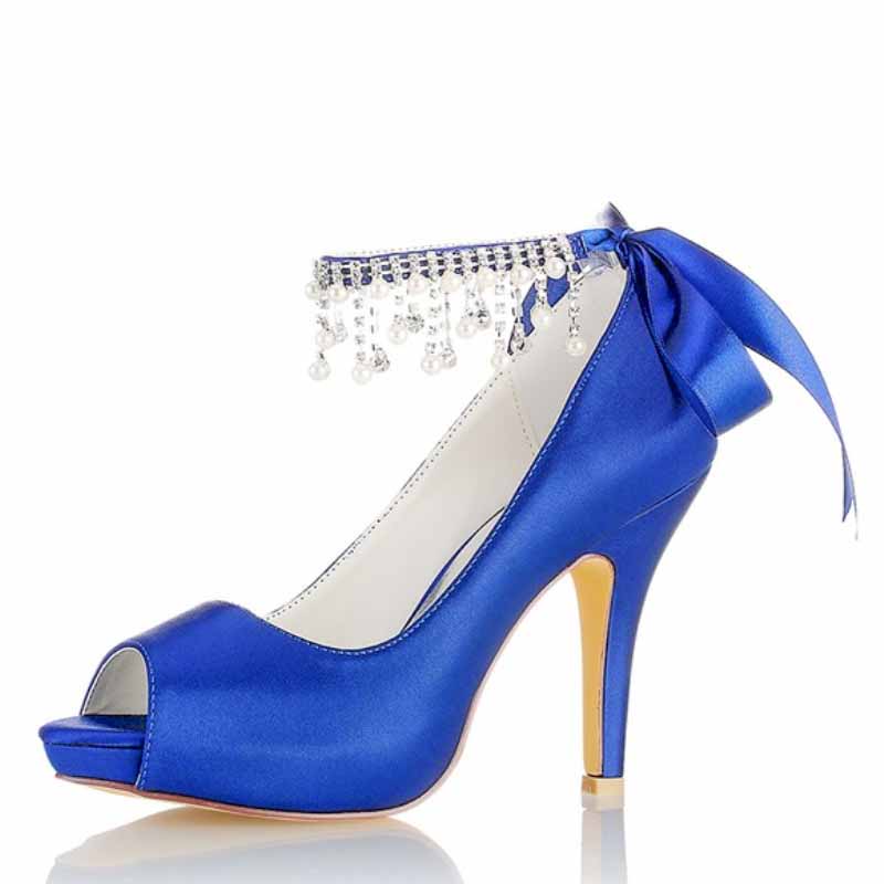 3.93" Satin Wedding Shoes Pearl Rhinestones Platform Dress Shoes