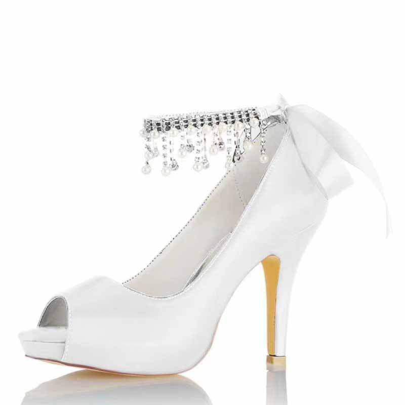 3.93" Satin Wedding Shoes Pearl Rhinestones Platform Dress Shoes