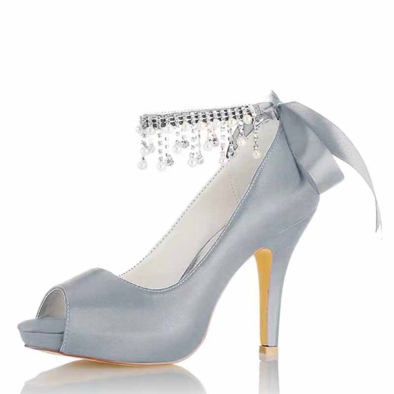 3.93" Satin Wedding Shoes Pearl Rhinestones Platform Dress Shoes