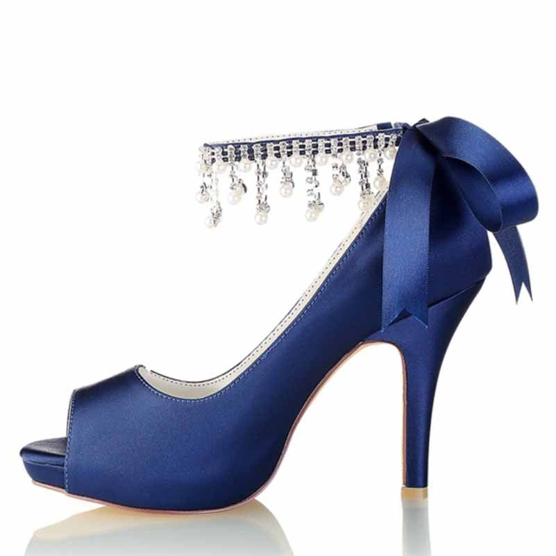 3.93" Satin Wedding Shoes Pearl Rhinestones Platform Dress Shoes