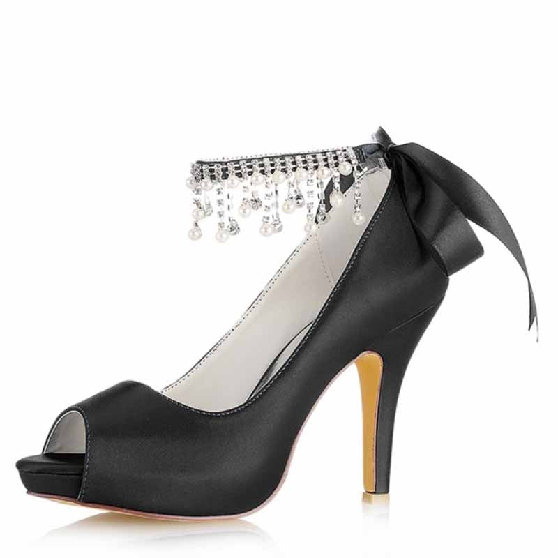 3.93" Satin Wedding Shoes Pearl Rhinestones Platform Dress Shoes
