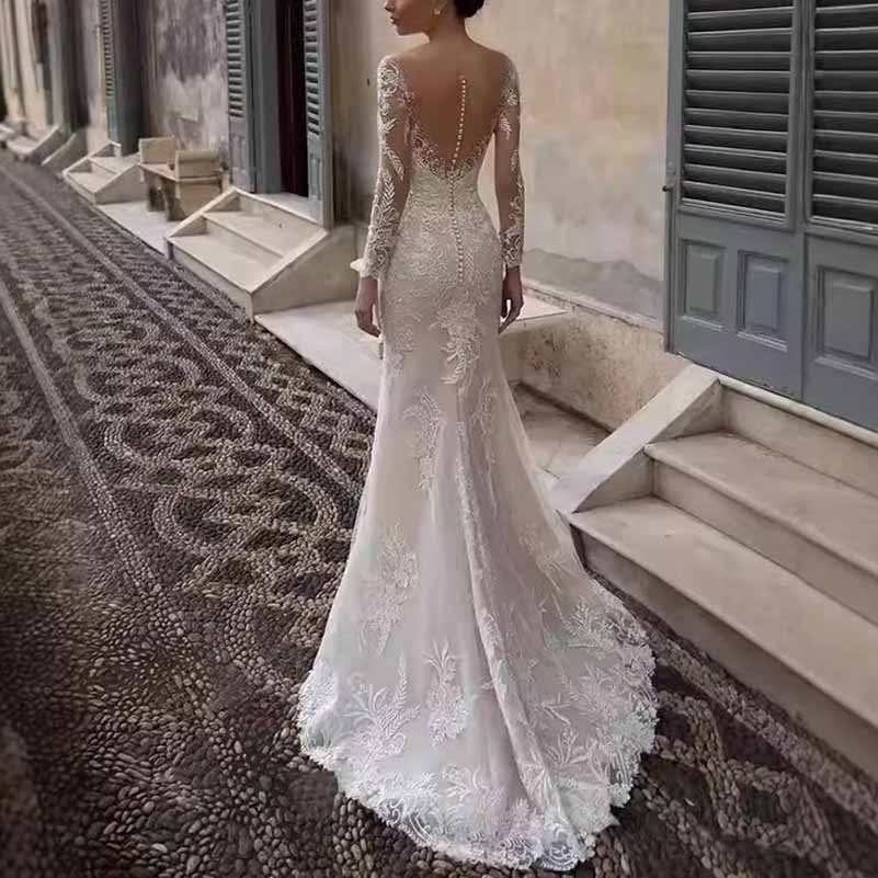 Wedding Dress V-neck Backless Long Sleeve Lace Sheath Bridal Dress