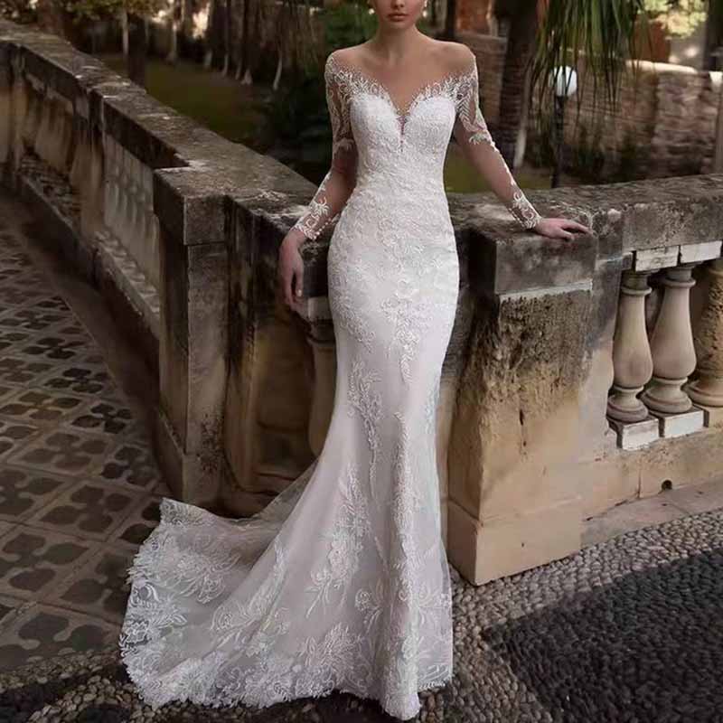 Wedding Dress V-neck Backless Long Sleeve Lace Sheath Bridal Dress