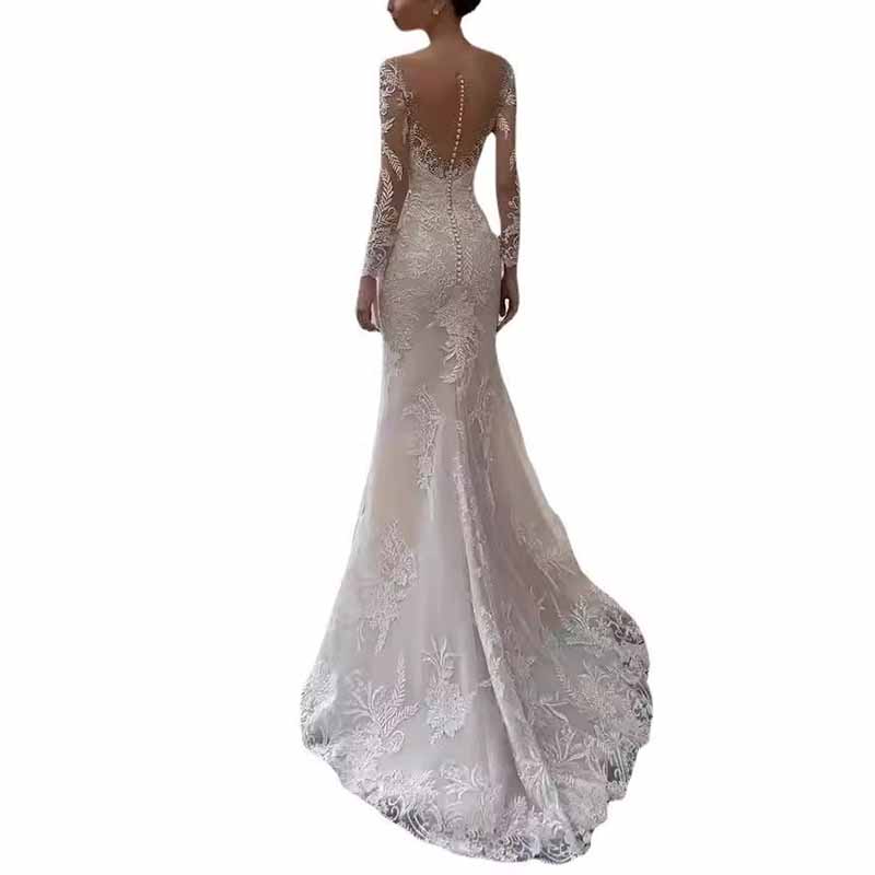 Wedding Dress V-neck Backless Long Sleeve Lace Sheath Bridal Dress
