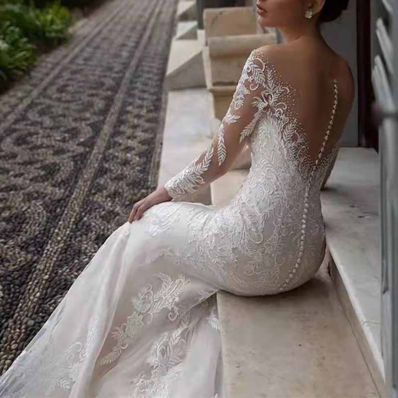 Wedding Dress V-neck Backless Long Sleeve Lace Sheath Bridal Dress