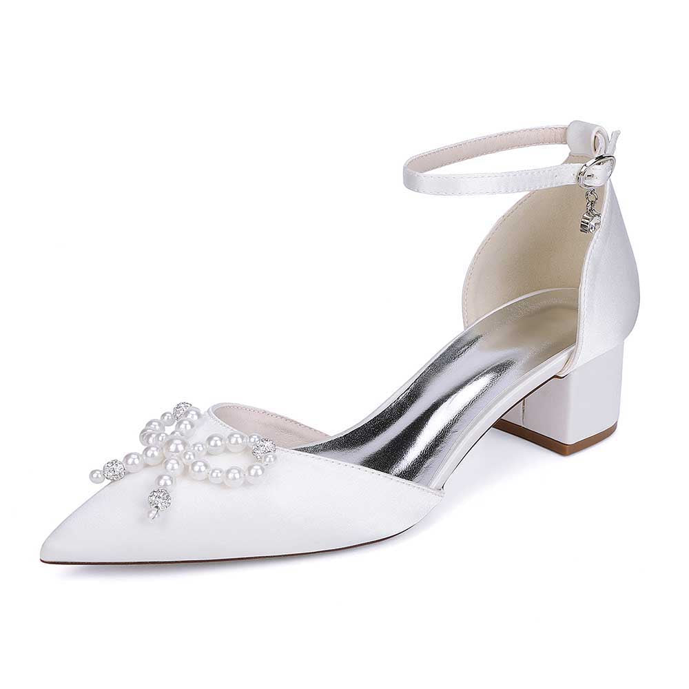 Wedding Shoes Satin Block Heel Wedding Heels Pearls Bowknot Dress Shoes