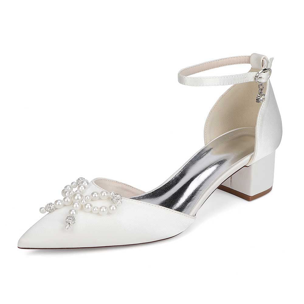 Wedding Shoes Satin Block Heel Wedding Heels Pearls Bowknot Dress Shoes