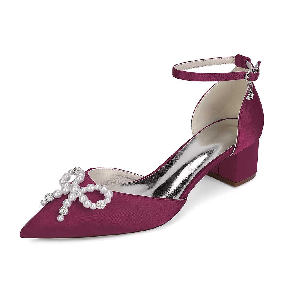 Wedding Shoes Satin Block Heel Wedding Heels Pearls Bowknot Dress Shoes