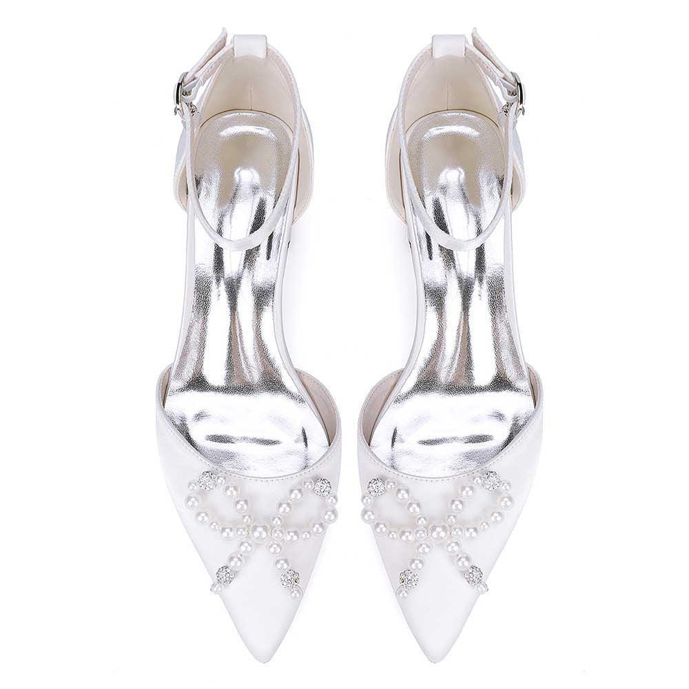 Wedding Shoes Satin Block Heel Wedding Heels Pearls Bowknot Dress Shoes