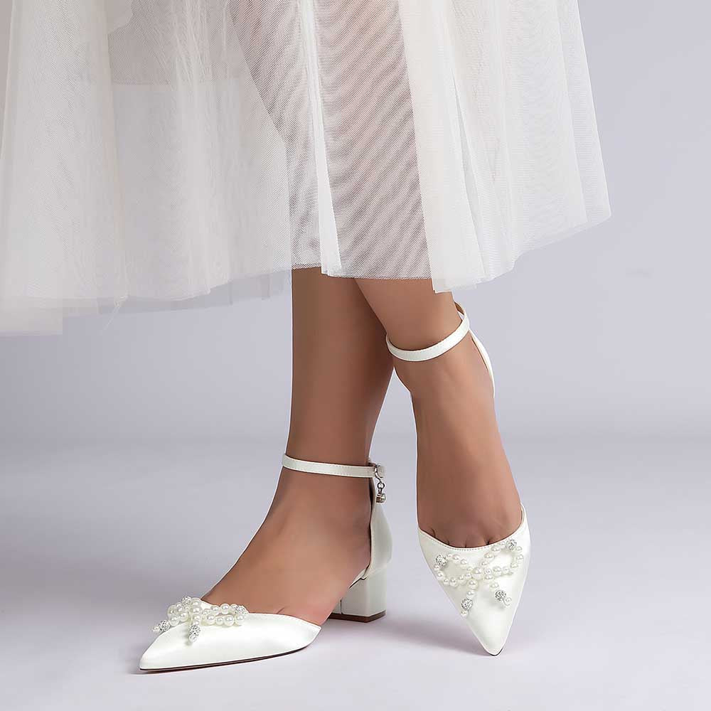 Wedding Shoes Satin Block Heel Wedding Heels Pearls Bowknot Dress Shoes