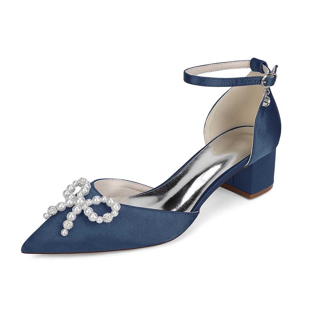 Wedding Shoes Satin Block Heel Wedding Heels Pearls Bowknot Dress Shoes
