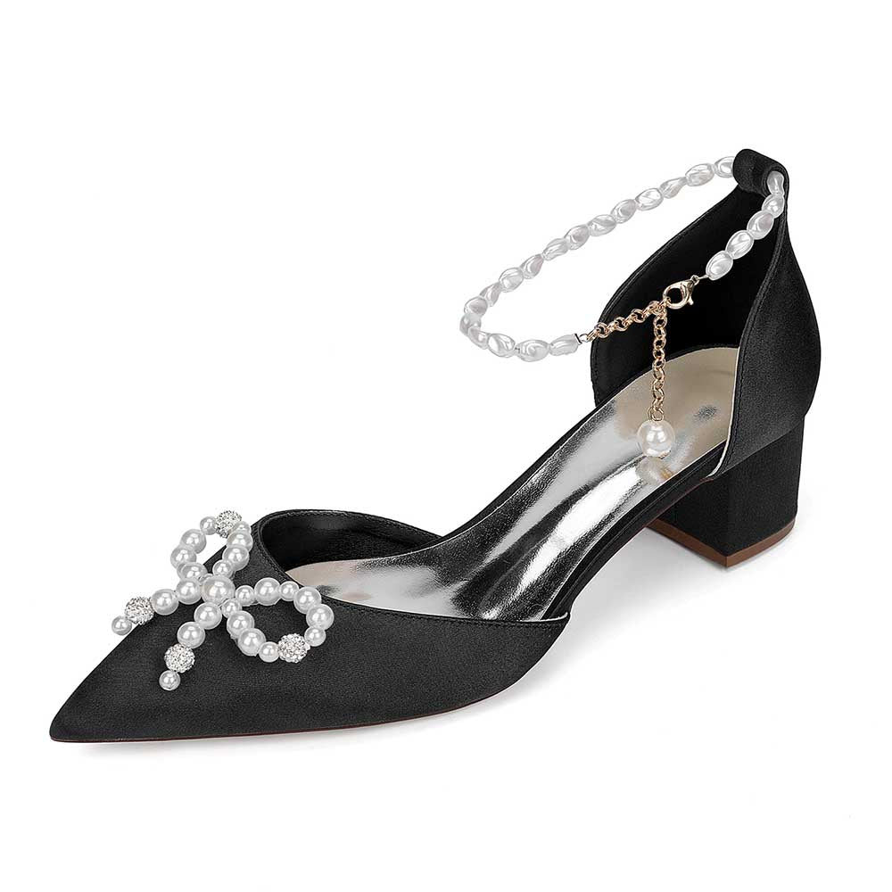 Pearl & Bow Satin Wedding Heels – Elegant Block Heel Bridal Shoes for Bride, Bridesmaid