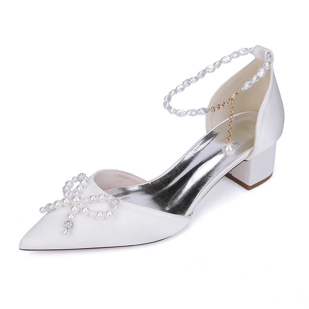Pearl & Bow Satin Wedding Heels – Elegant Block Heel Bridal Shoes for Bride, Bridesmaid