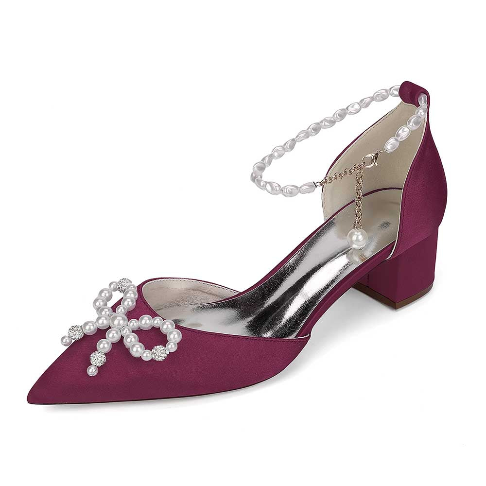 Pearl & Bow Satin Wedding Heels – Elegant Block Heel Bridal Shoes for Bride, Bridesmaid
