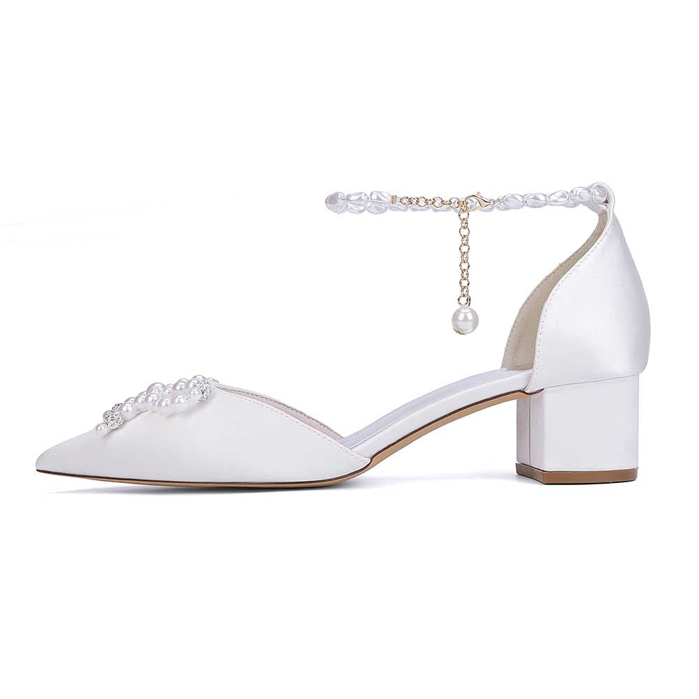 Pearl & Bow Satin Wedding Heels – Elegant Block Heel Bridal Shoes for Bride, Bridesmaid