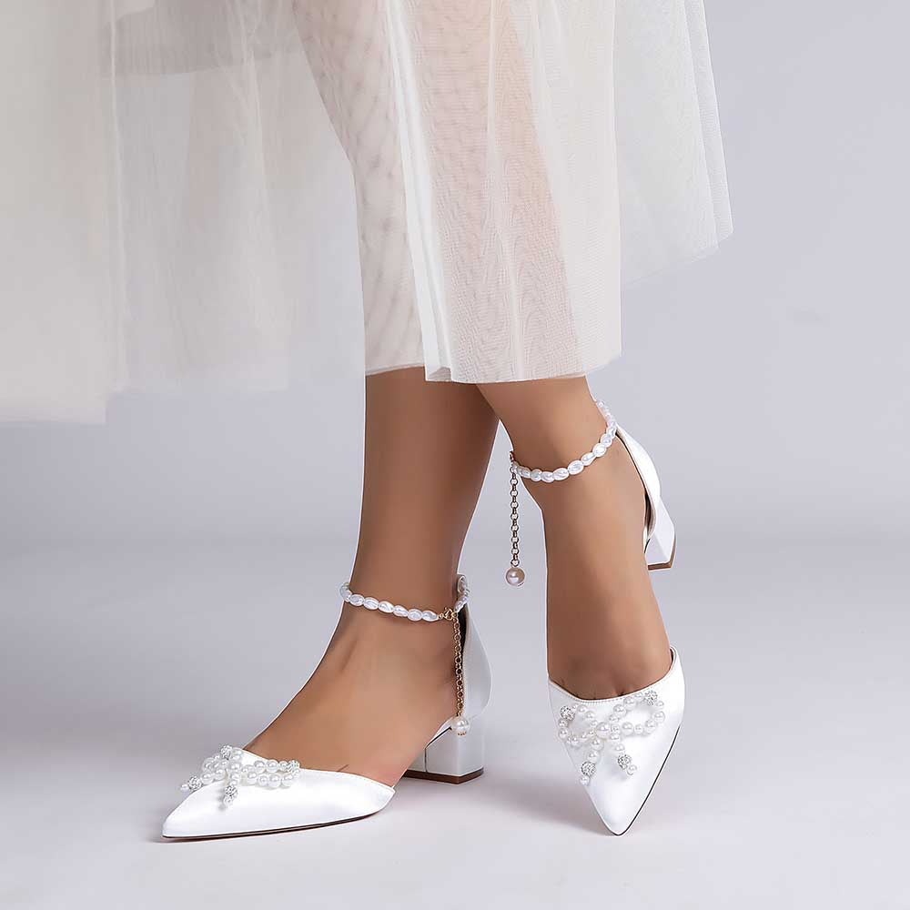 Pearl & Bow Satin Wedding Heels – Elegant Block Heel Bridal Shoes for Bride, Bridesmaid