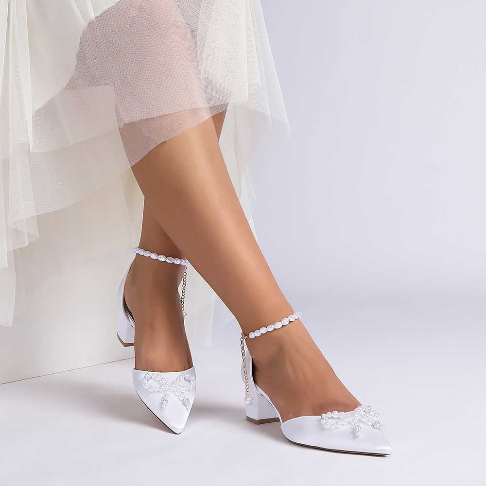 Pearl & Bow Satin Wedding Heels – Elegant Block Heel Bridal Shoes for Bride, Bridesmaid