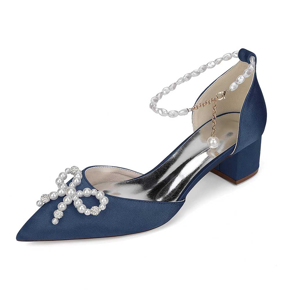Pearl & Bow Satin Wedding Heels – Elegant Block Heel Bridal Shoes for Bride, Bridesmaid