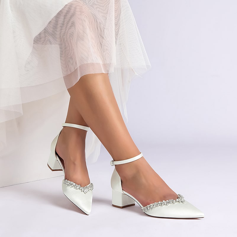 Wedding Shoes Satin Chunky Heel Bridal Heels Ankle Strap Dress Shoes