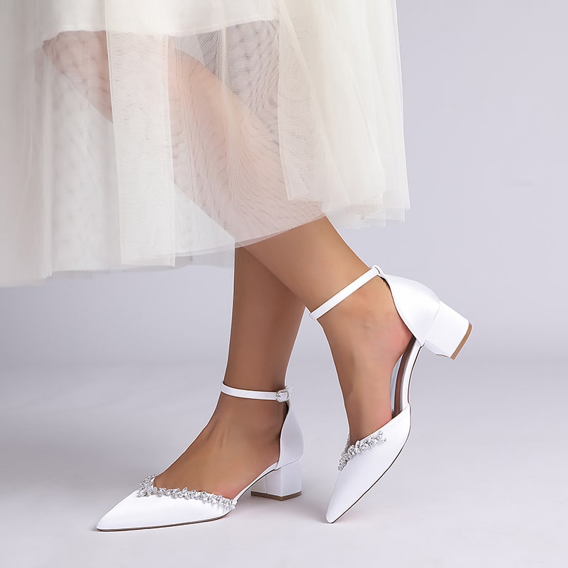 Wedding Shoes Satin Chunky Heel Bridal Heels Ankle Strap Dress Shoes