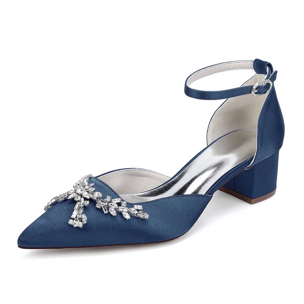Wedding Shoes Satin Chunky Heel Slingbacks Ankle Straps Bridal Shoes