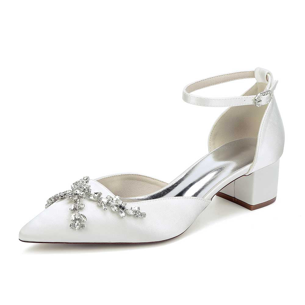 Wedding Shoes Satin Chunky Heel Slingbacks Ankle Straps Bridal Shoes