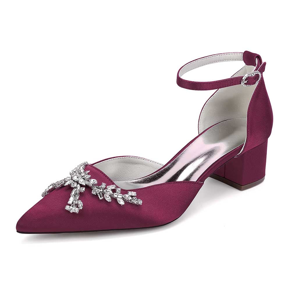 Wedding Shoes Satin Chunky Heel Slingbacks Ankle Straps Bridal Shoes
