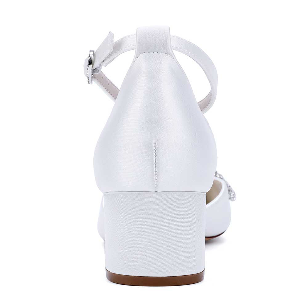 Wedding Shoes Satin Chunky Heel Slingbacks Ankle Straps Bridal Shoes