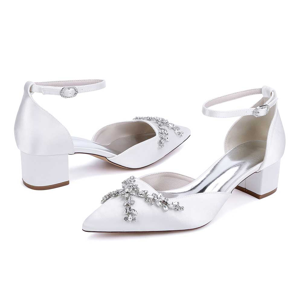 Wedding Shoes Satin Chunky Heel Slingbacks Ankle Straps Bridal Shoes