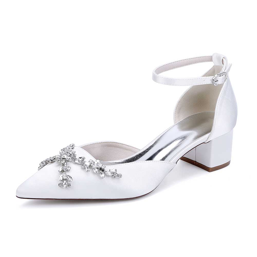Wedding Shoes Satin Chunky Heel Slingbacks Ankle Straps Bridal Shoes
