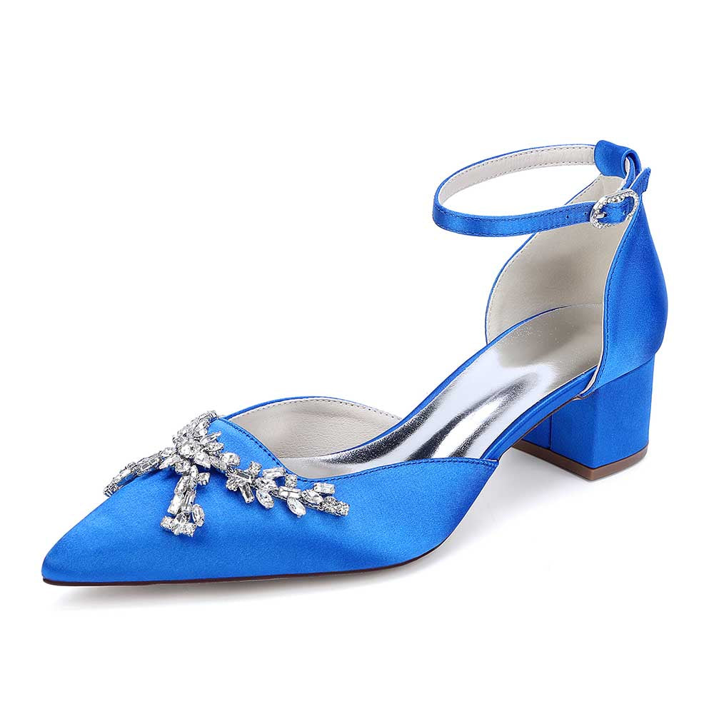 Wedding Shoes Satin Chunky Heel Slingbacks Ankle Straps Bridal Shoes