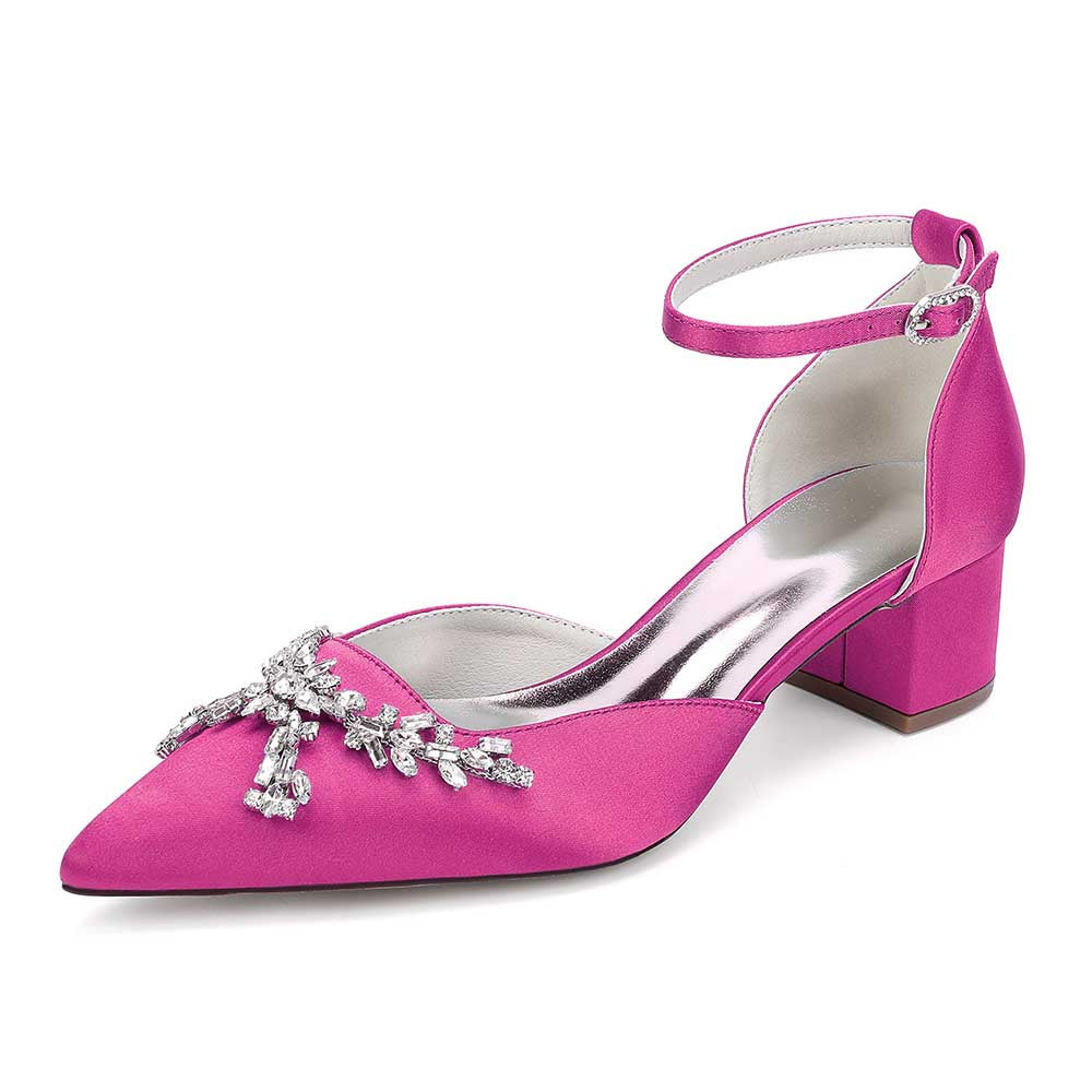 Wedding Shoes Satin Chunky Heel Slingbacks Ankle Straps Bridal Shoes