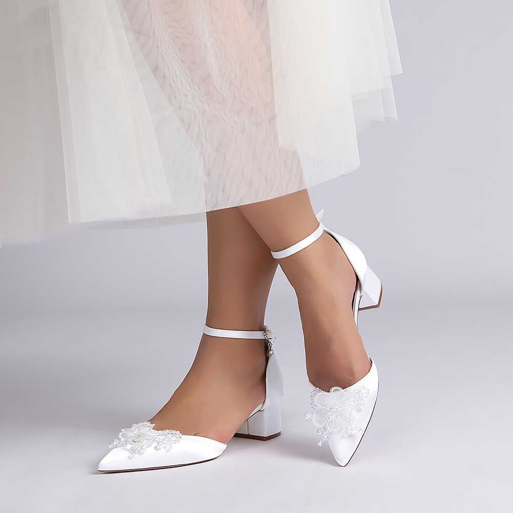 Wedding Shoes Satin Chunky Heel Wedding Heels Bowknot Dress Shoes