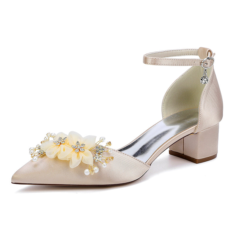 Wedding Shoes Satin Chunky Heels Flower Detail Dress Shoes