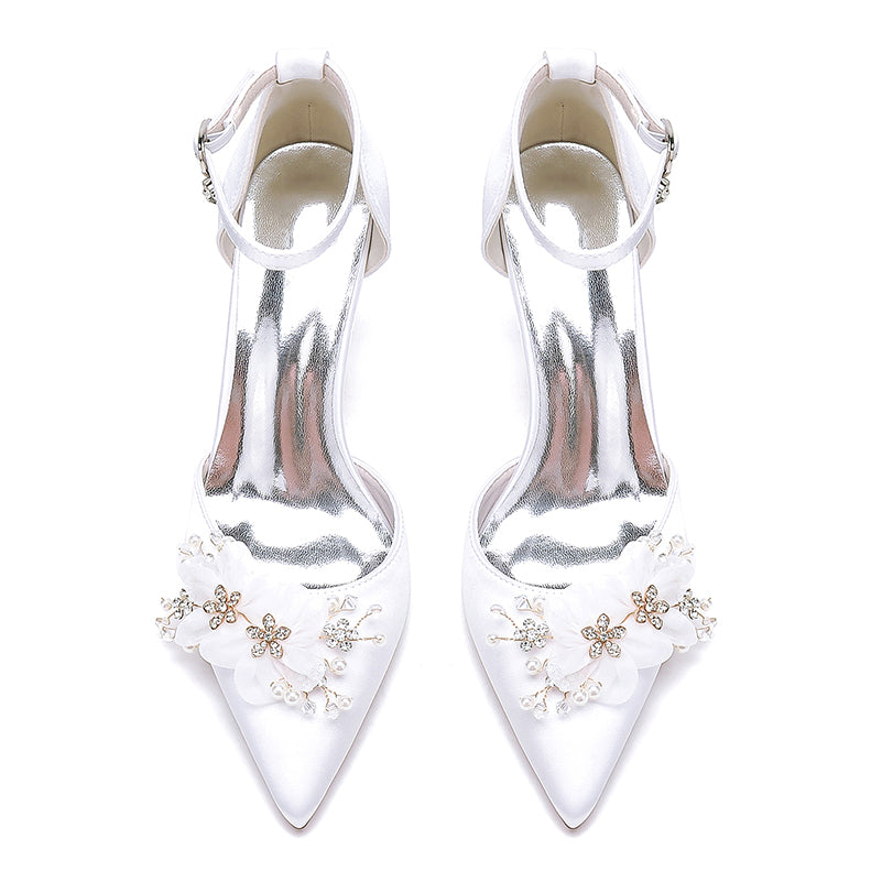 Wedding Shoes Satin Chunky Heels Flower Detail Dress Shoes