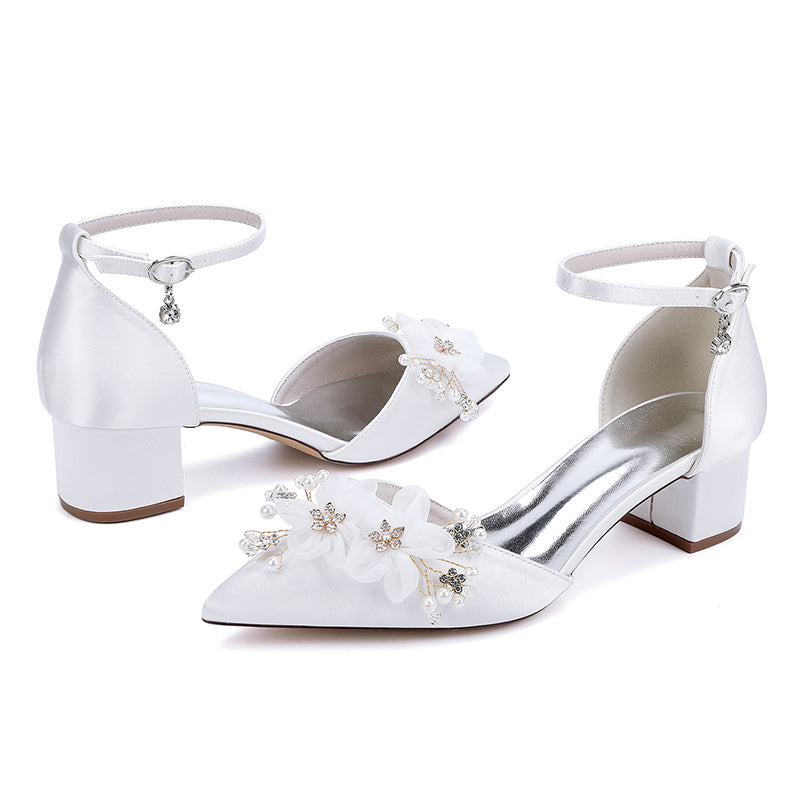 Wedding Shoes Satin Chunky Heels Flower Detail Dress Shoes
