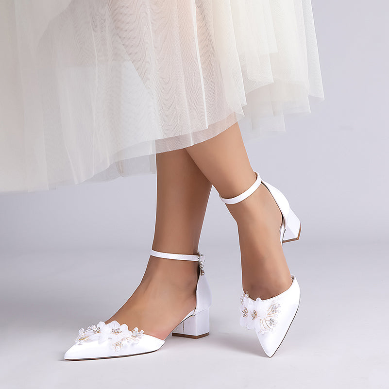 Wedding Shoes Satin Chunky Heels Flower Detail Dress Shoes