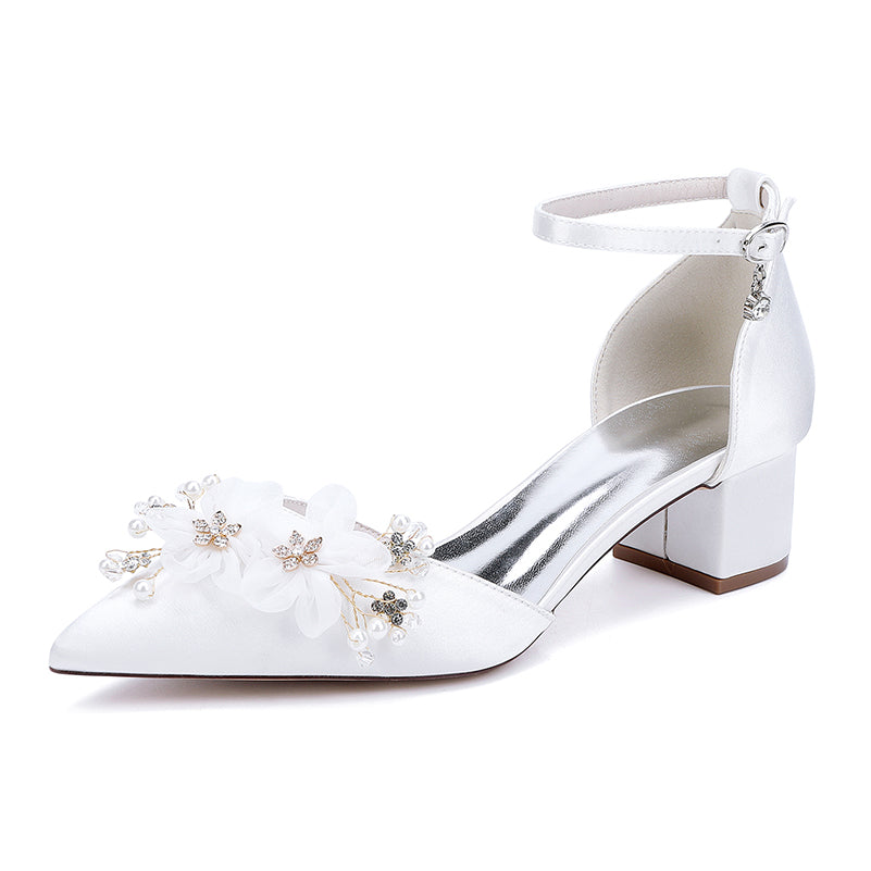 Wedding Shoes Satin Chunky Heels Flower Detail Dress Shoes