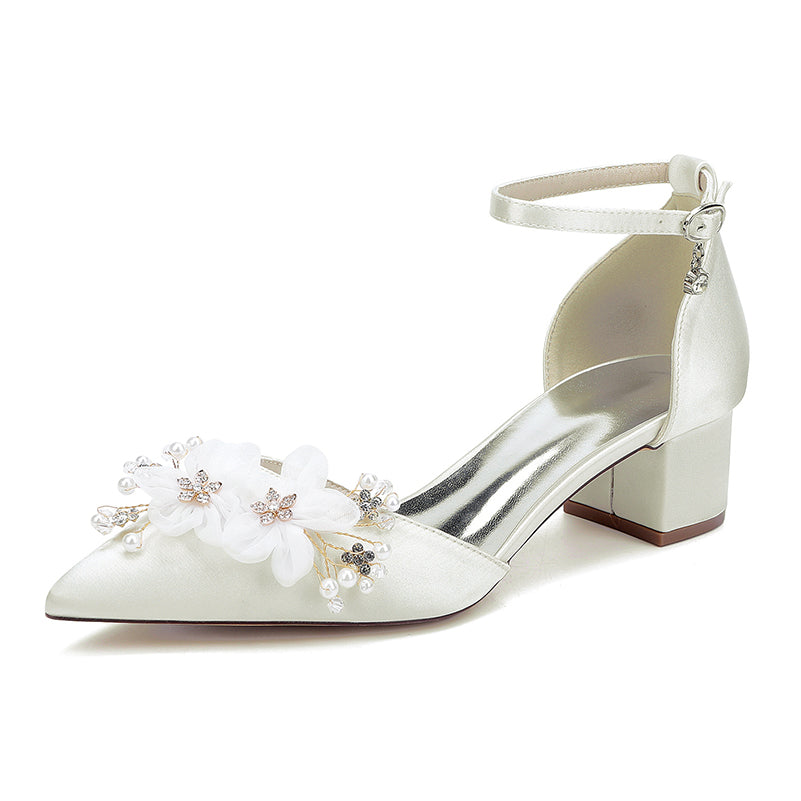 Wedding Shoes Satin Chunky Heels Flower Detail Dress Shoes