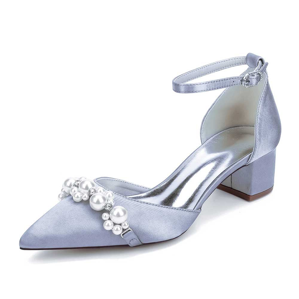 Wedding Shoes Satin Chunky Heel Wedding Heels Pearls Detail