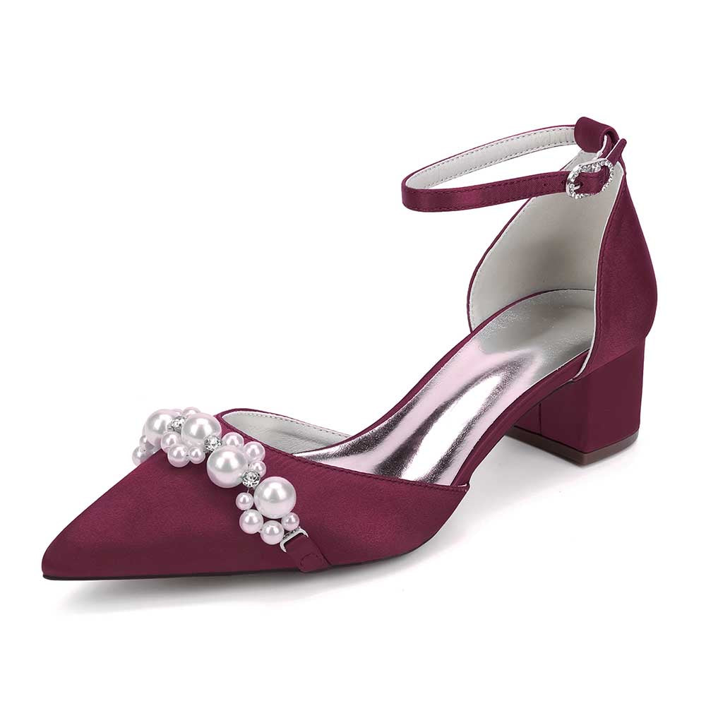 Wedding Shoes Satin Chunky Heel Wedding Heels Pearls Detail